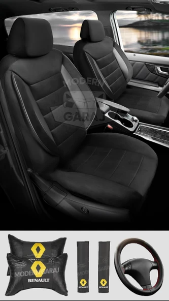 Reno Megane Clio Fluence Symbol Laguna Uyumlu Siyah Tay Tüyü Ön Arka Full Takım Koltuk Kılıfı Boyun Yastığı Kemer Koforu Direksiyon Kılıfı Seti ürün görseli 1