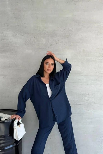 Dipmoda kadın lacivert ithal keten gömlek pantolon takım DPG005 - 2