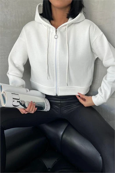Dipmoda kadın kapüşonlu kısa sweatshirt GTS025 - Ekru