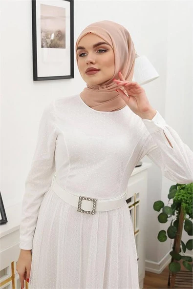 Dipmoda kadın tül kemerli tesettür elbise RSSN45 - Beyaz - 6