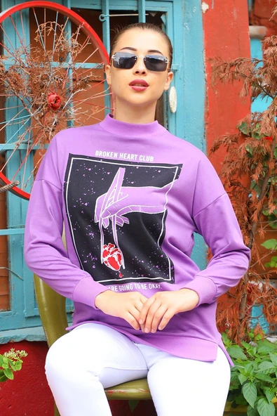Dipmoda Kadın El Baskılı Salaş Sweatshirt DP7023 - 2