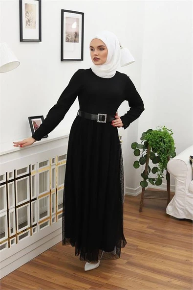 Dipmoda kadın tül kemerli tesettür elbise RSSN45 - Siyah - 2
