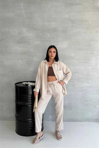 Dipmoda kadın bej ithal keten gömlek pantolon takım DPG005