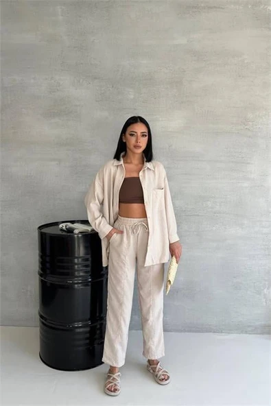 Dipmoda kadın bej ithal keten gömlek pantolon takım DPG005 - 2