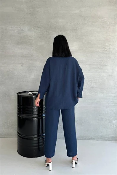 Dipmoda kadın lacivert ithal keten gömlek pantolon takım DPG005 - 4