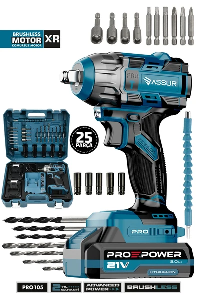 Assur Pro 21V Çift Akülü Kömürsüz Motor Darbeli Şarjlı Matkap Somun Sıkma Sökme ürün görseli