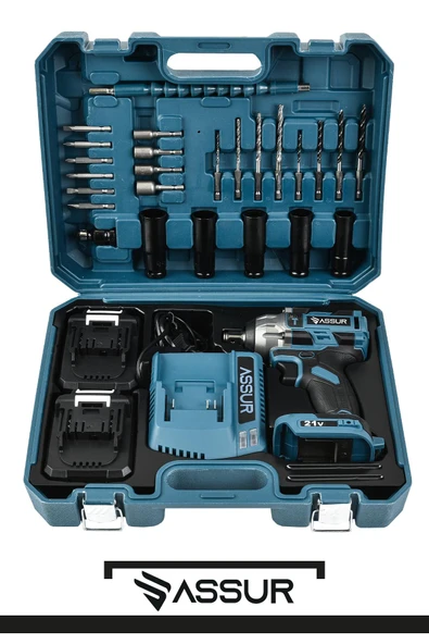 Assur Pro 21V Çift Akülü Vidalama Çelik Mandren Kömürsüz Motor Darbeli Şarjlı Matkap - 2