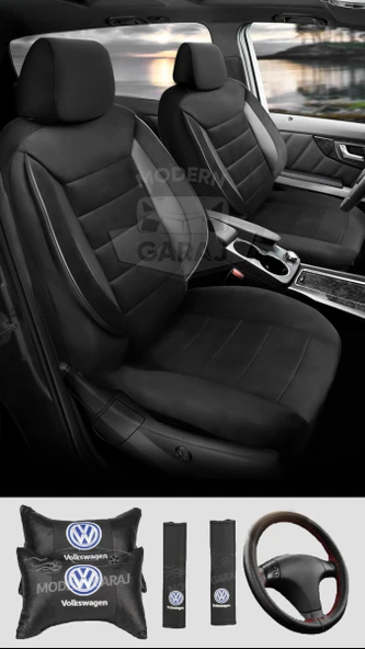 Volkswagen Polo Golf Jetta Bora Passat Tiguan Uyumlu Siyah Tay Tüyü Ön Arka Full Takım Koltuk Kılıfı Boyun Yastığı Kemer Koforu Direksiyon Kılıfı Seti