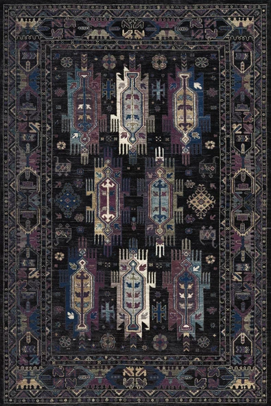 Kilim Desen Pamuk Taban Dijital Baskılı Halı  SİYAH 120X180