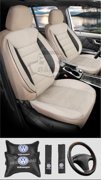 Volkswagen Polo Golf Jetta Bora Passat Tiguan Uyumlu Krem Tay Tüyü Ön Arka Full Takım Koltuk Kılıfı Boyun Yastığı Kemer Koforu Direksiyon Kılıfı Seti