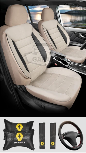 Reno Megane Clio Fluence Symbol Laguna Uyumlu Krem Tay Tüyü Ön Arka Full Takım Koltuk Kılıfı Boyun Yastığı Kemer Koforu Direksiyon Kılıfı Seti