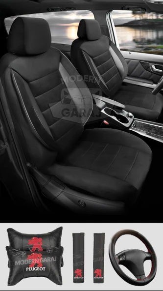 Peugeot 106, 107, 205, 206, 207, 208, 396, 307, 308 Uyumlu Siyah Tay Tüyü Ön Arka Full Takım Koltuk Kılıfı Boyun Yastığı Kemer Koforu Direksiyon Kılıfı Seti