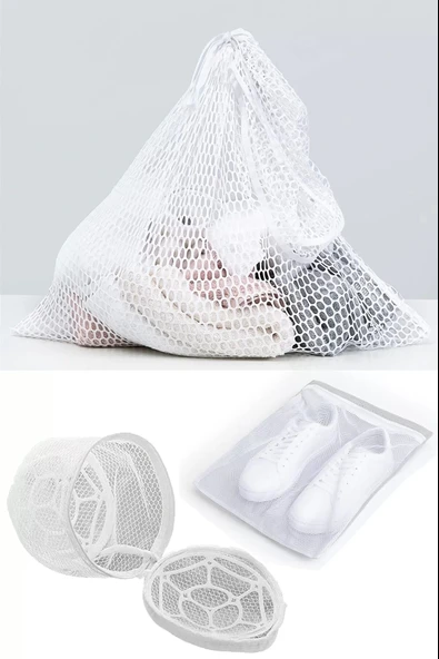 3lü Yıkama File Seti - Ayakkabı Filesi-plastik Aparatlı Sütyen Yıkama- Çamaşır Yıkama Filesi