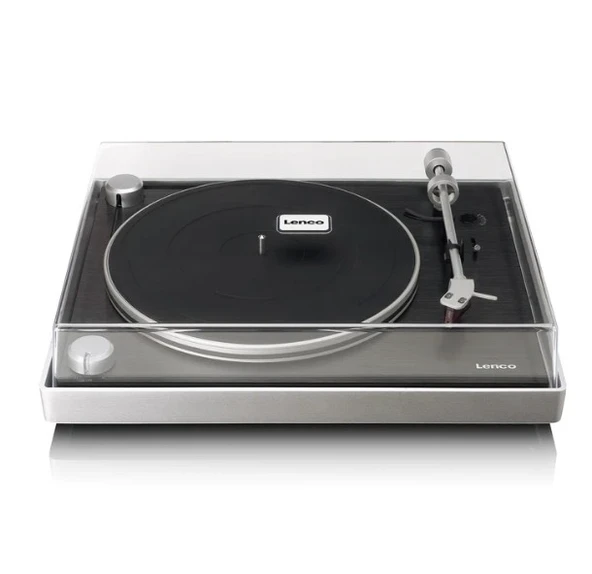 LENCO L-455BK - Görünür kayış tahrikli, fırçalanmış alüminyum çerçeveli ve Ortofon 2M RED kartuşlu döner tabla - Siyah
