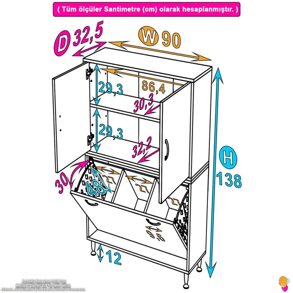 Modilayn İLKİM 90 x 138 x 32,5 cm' lik Kapak İçi Çift Raflı, Üç Akıllı Çamaşır Sepetli Dolap - Resim 4