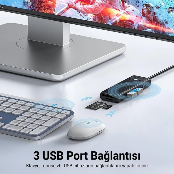 USB 3.0 To 3.0 Tf Sd Kart Okuyucu 3 Portlu USB 3.0 Çoklayıcı Adaptör Siyah - Resim 2