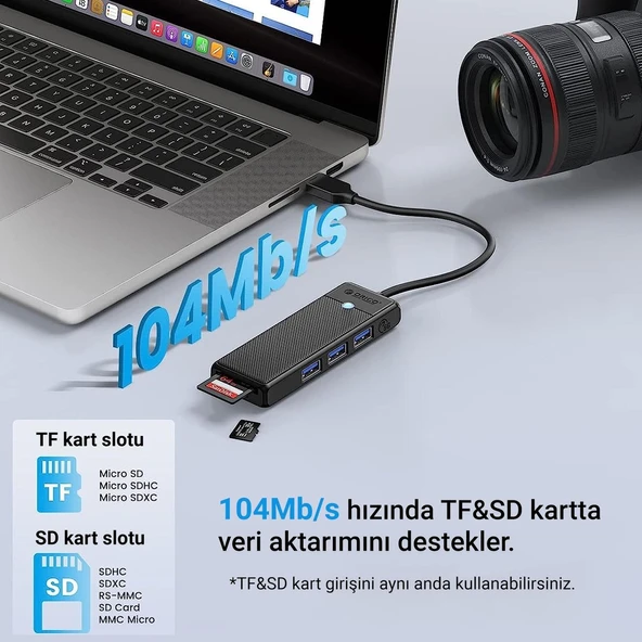 USB 3.0 To 3.0 Tf Sd Kart Okuyucu 3 Portlu USB 3.0 Çoklayıcı Adaptör Siyah - Resim 3
