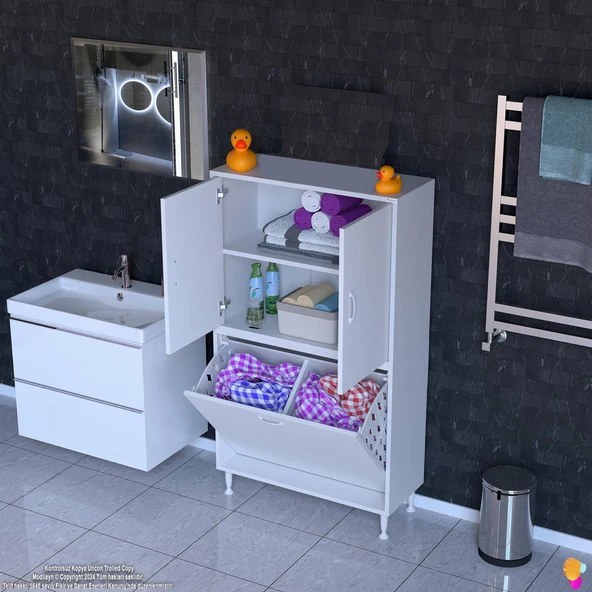 Modilayn İLKİM 80 x 138 x 32,5 cm' lik Kapak İçi Çift Raflı, İki Akıllı Çamaşır Sepetli Dolap