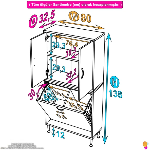 Modilayn İLKİM 80 x 138 x 32,5 cm' lik Kapak İçi Çift Raflı, İki Akıllı Çamaşır Sepetli Dolap - Resim 4