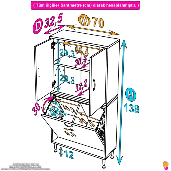 Modilayn İLKİM 70 x 138 x 32,5 cm' lik Kapak İçi Çift Raflı, İki Akıllı Çamaşır Sepetli Dolap - Resim 4