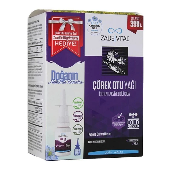 Zade Vital Çörek Otu Yağı 60 Kapsül - Nigefix Sprey 10 ml Hediye -SKT:09/2027-09/2026