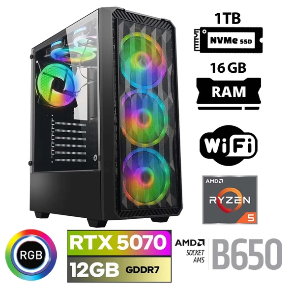 Xaser Thunder x20 Ryzen 5 7500F 32GB DDR5 Ram 1TB M.2 NVMe SSD 12GB RTX5070 Masaüstü Oyuncu Bilgisayarı ürün görseli
