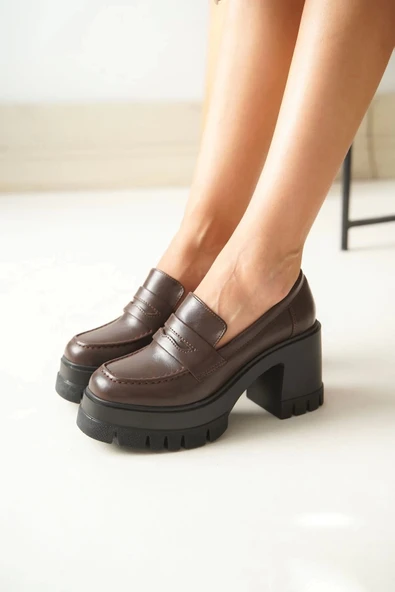 Nvl-506 Kahverengi Günlük Yüksek Topuklu Platform Loafer Kadın Ayakkabı - 2