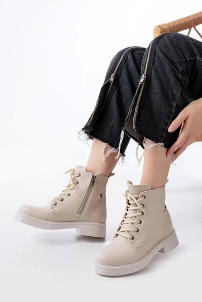 02-2003 Bej Galata Bağcıklı Fermuarlı Günlük Kadın Bot - Resim 2