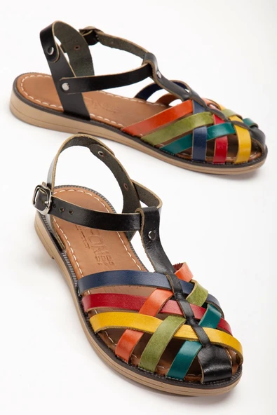 205-02 Siyah Multi Ortopedik Hakiki Deri Kadın Sandalet - Resim 3