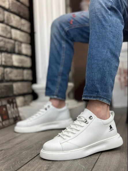 ET0331 Bağcıklı Erkek Yüksek Taban Beyaz Cilt  Spor Ayakkabı - Resim 2