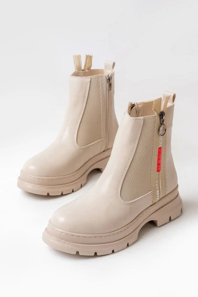 Asm-086 Bej Fashion Aksesuarlı Fermuarlı Günlük Kadın Bot - Resim 3