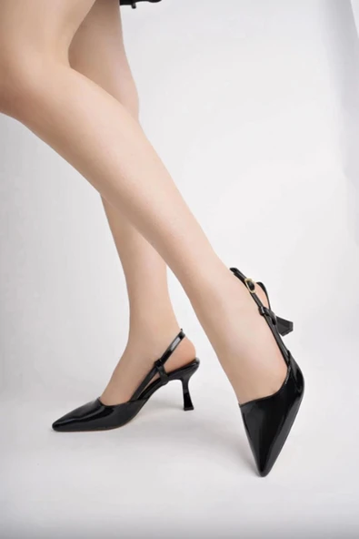 St-002 Siyah Rugan Günlük 7 Cm Topuklu Bayan Ayakkabı - Resim 2
