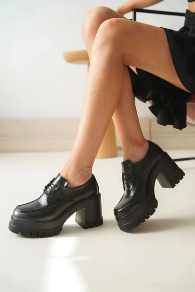 Nvl-507 Siyah Günlük Yüksek Topuklu Platform Loafer Kadın Ayakkabı - 3
