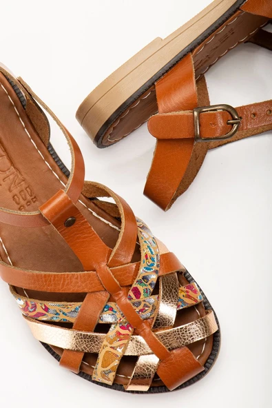 205-02 Taba Garni Ortopedik Hakiki Deri Kadın Sandalet - Resim 4