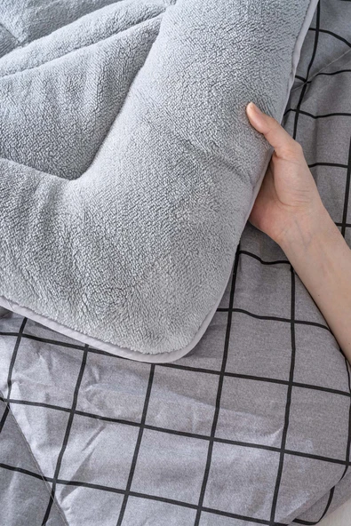 Gri Kareli Loura Tek Kişilik Çift Taraflı Lüx Wellsoft Yorgan Seti 155x215 cm - 5