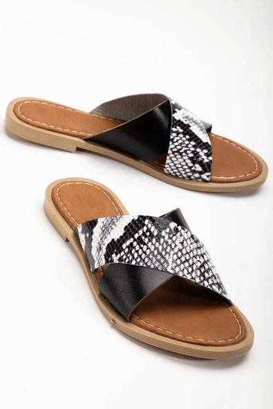 169-076 Siyah Ortopedik Hakiki Deri Çapraz Bantlı Kadın Terlik - Resim 5