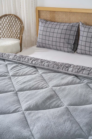 Gri Kareli Loura Tek Kişilik Çift Taraflı Lüx Wellsoft Yorgan Seti 155x215 cm - 3