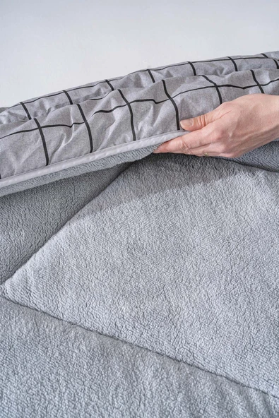 Gri Kareli Loura Tek Kişilik Çift Taraflı Lüx Wellsoft Yorgan Seti 155x215 cm - 4