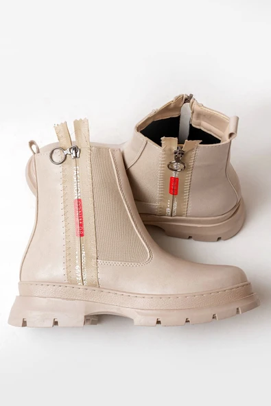Asm-086 Bej Fashion Aksesuarlı Fermuarlı Günlük Kadın Bot - Resim 5