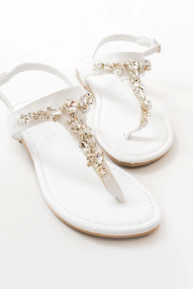 152-1110 Beyaz Gümüş Taşlı Parmak Arası Kadın Sandalet - Resim 5
