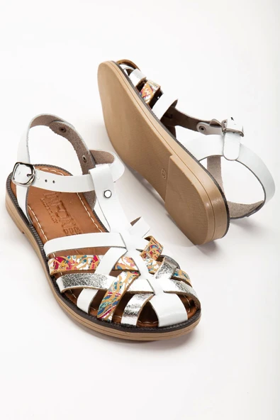 205-02 Beyaz Garni Ortopedik Hakiki Deri Kadın Sandalet - Resim 5