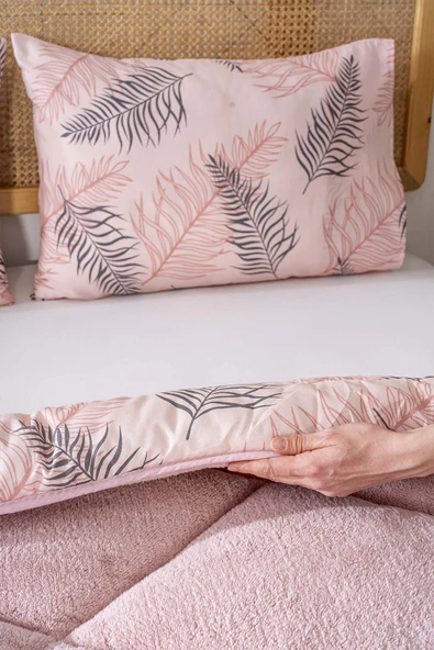 Pudra Yaprak Loura Tek Kişilik Çift Taraflı Lüx Wellsoft Yorgan Seti 155x215 cm - 5