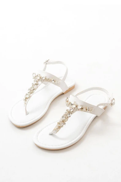 152-1110 Beyaz Gümüş Taşlı Parmak Arası Kadın Sandalet - Resim 4