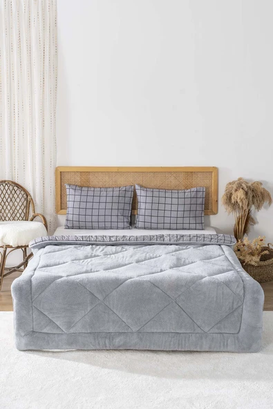 Gri Kareli Loura Tek Kişilik Çift Taraflı Lüx Wellsoft Yorgan Seti 155x215 cm - 2