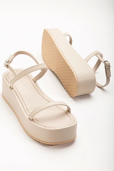 861-1027 Bej Dolgu Topuk Kadın Sandalet - 4