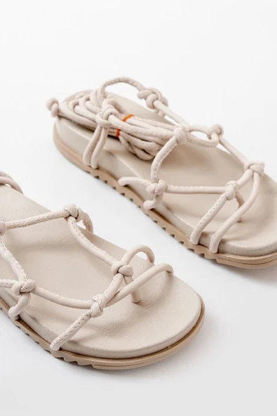 1001-1001 Bej Bilekten Bağcıklı Kadın Sandalet - Resim 4