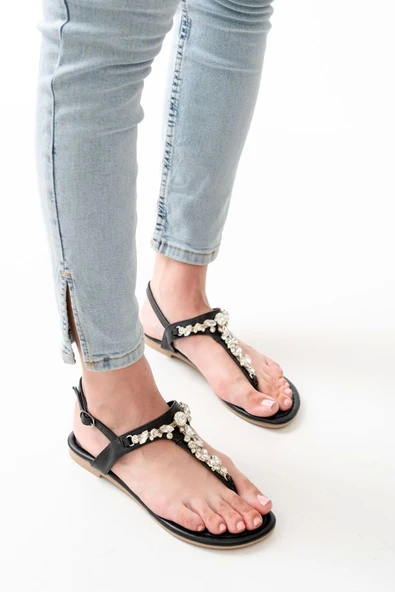 152-1110 Siyah Gümüş Taşlı Parmak Arası Kadın Sandalet - Resim 3
