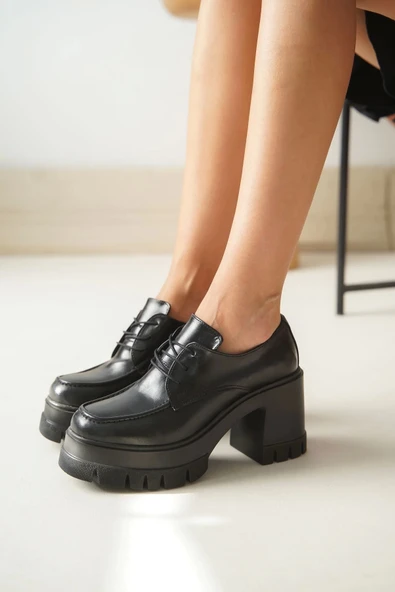 Nvl-507 Siyah Günlük Yüksek Topuklu Platform Loafer Kadın Ayakkabı - 2