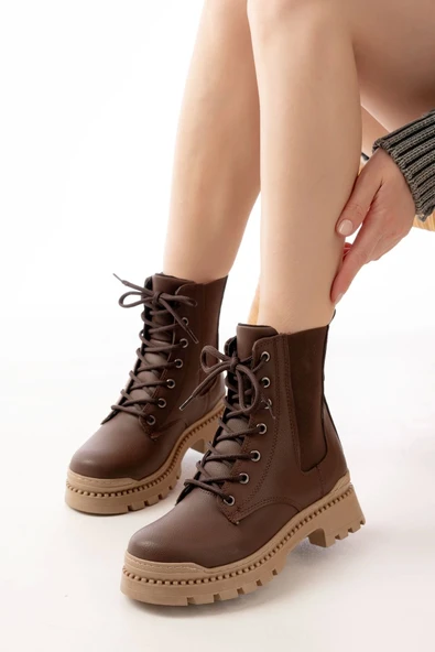 2051-298 Kahverengi Düz Topuklu Bağcıklı Lastikli Günlük Kadın Bot - Resim 2