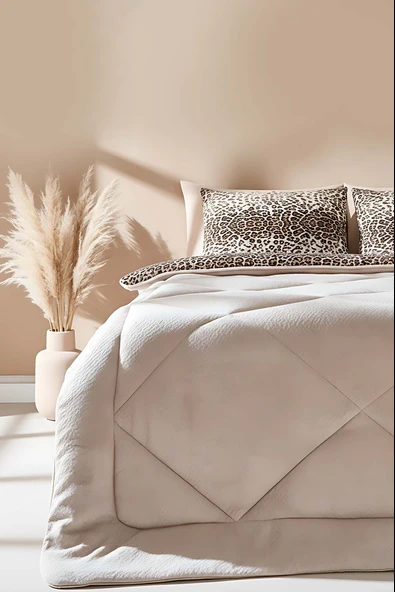 Bej Leopar Loura Çift Kişilik Çift Taraflı Lüx Wellsoft Yorgan Seti 195x215 cm - 1